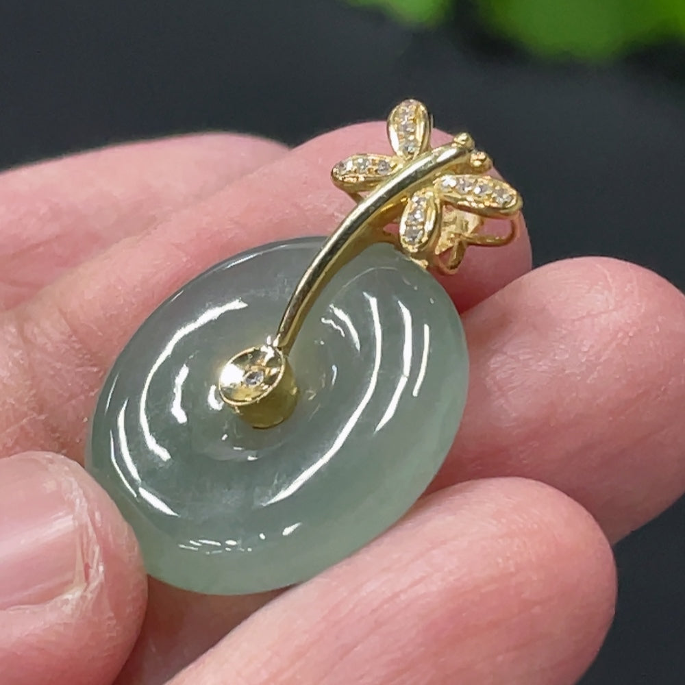 Jadeite Peace Pendant with 18K Gold Bail and Diamond Accents, Total Weight Approx. 5g