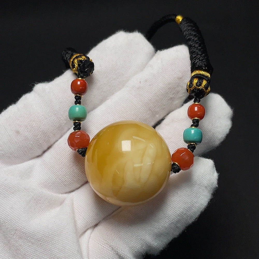 Amber Beeswax Pendant, 18K Gold, Approx. 28.5mm, with Southern Red Agate, Non-Natural Stones Considered for Accents