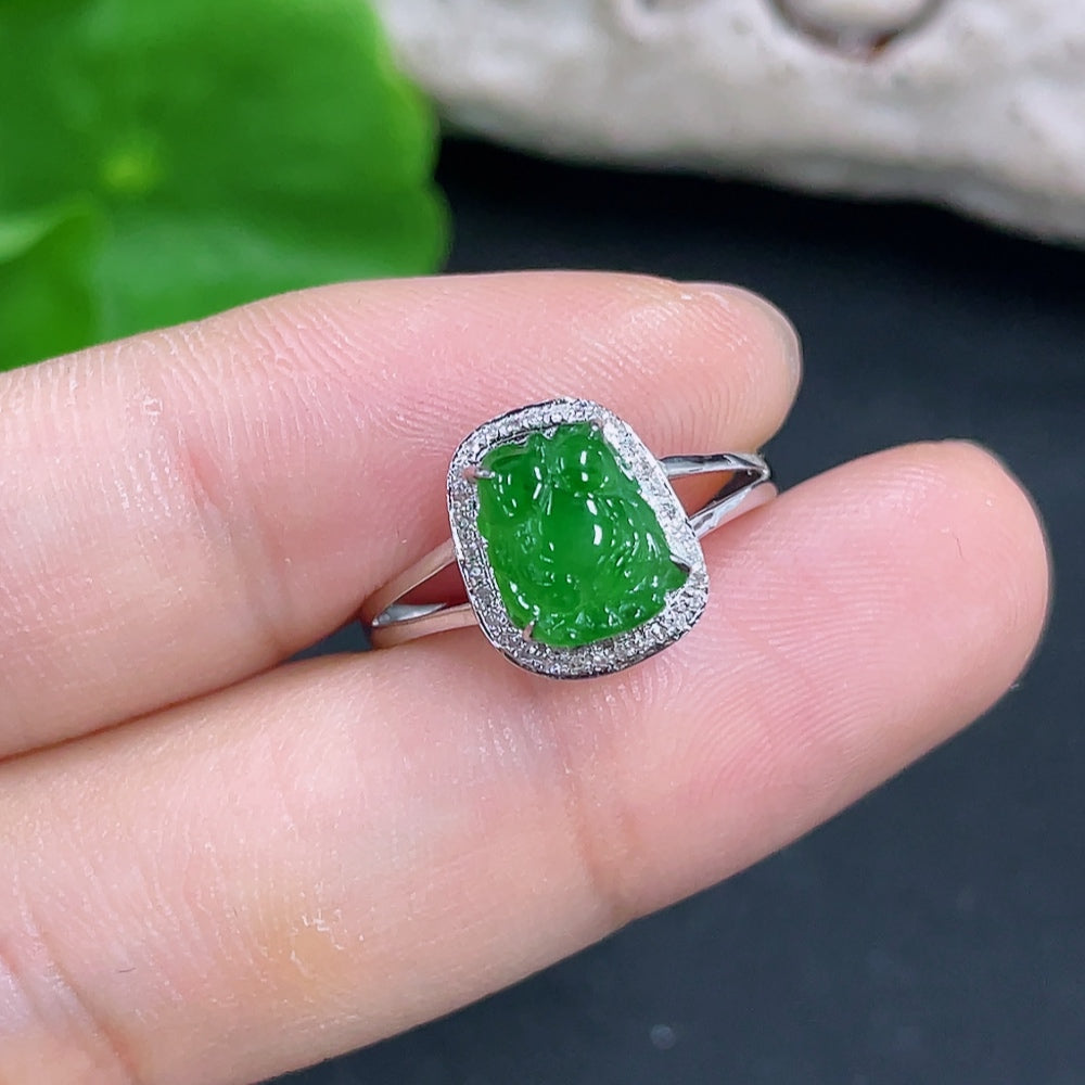 Jadeite ring with 18k gold and diamond accents, size 13, featuring a polished jade gemstone and delicate gold band.