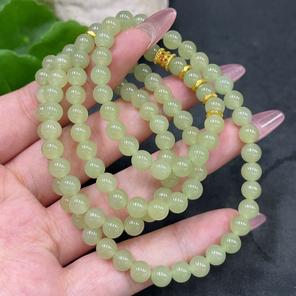Hetian Jade Bead Necklace, Approx. 5.7mm, Total Weight About 34.7g, Small Bead Clasp 18k Gold, Marked Red Gold Content 99%, Others Unmarked Surface Tested Gold Content 97%