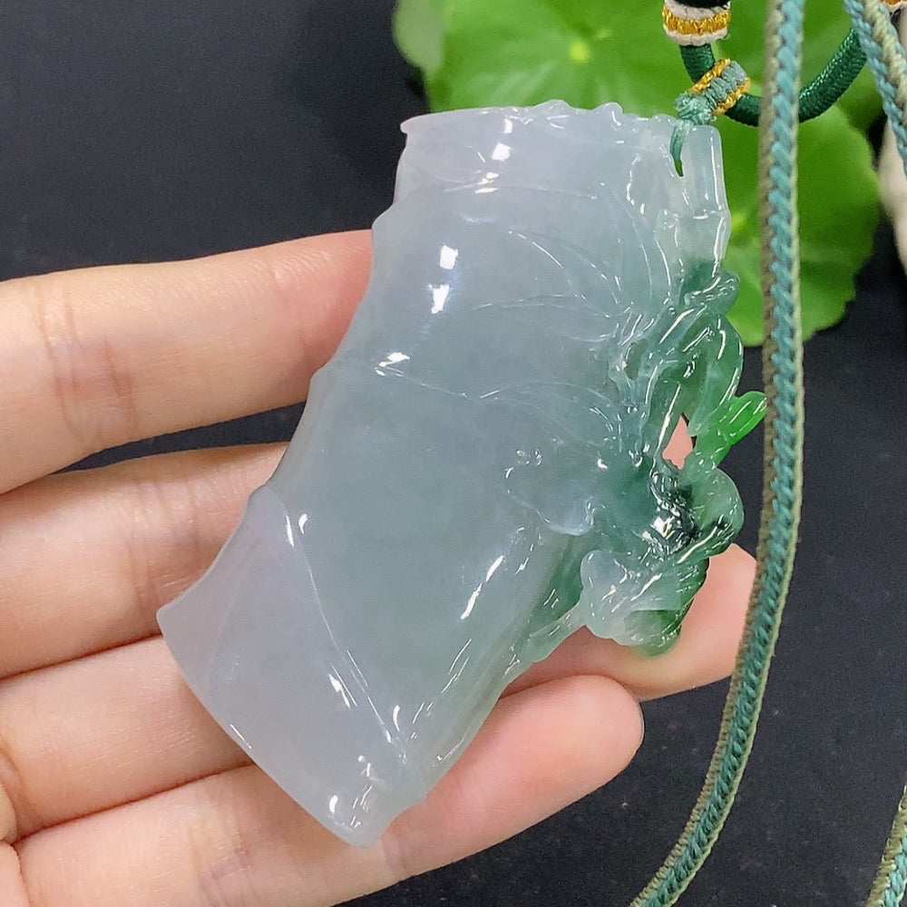 Jadeite bamboo pendant with mineral accents, crafted from jade, weighing approximately 59.89g, by HKHQ.