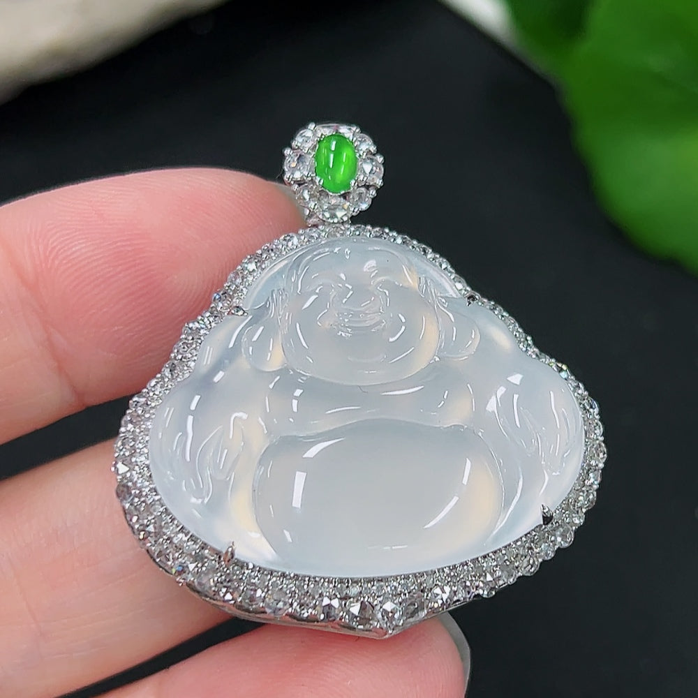 Jadeite Buddha Pendant with 18K Gold Mount, Total Weight Approx. 11.2g (Diamond Accented)