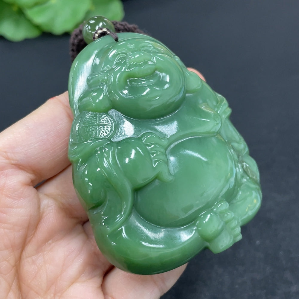 Hetian jade pendant featuring a Buddha design on a necklace, weighing 141.1g with rope, from HKHQ.