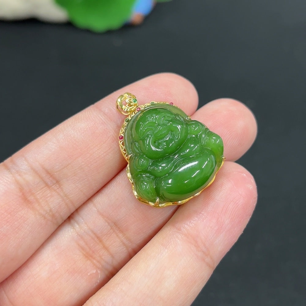 Hetian Jade Inlaid Pendant Buddha Total Weight Approx.6g 18k