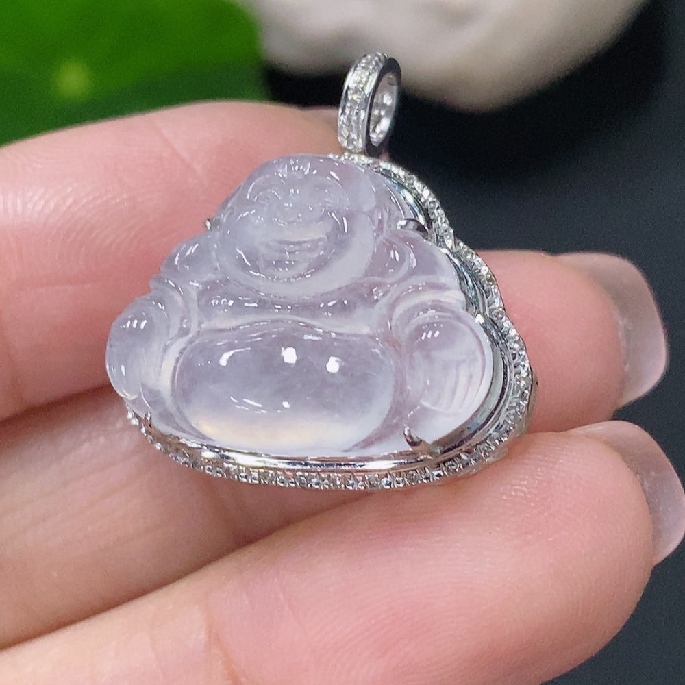 Jadeite Buddha Pendant with 18k Gold and Diamond Accents, Total Weight Approximately 3.34g