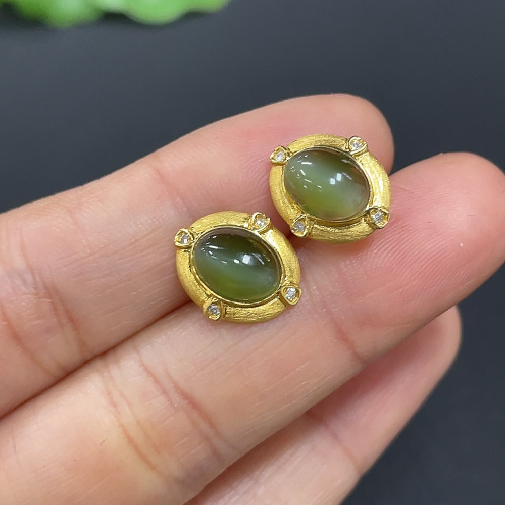 Hetian Jade Jasper Inlaid Earrings, 18k Gold, Total Weight Approx. 1.4g, Non-Diamond