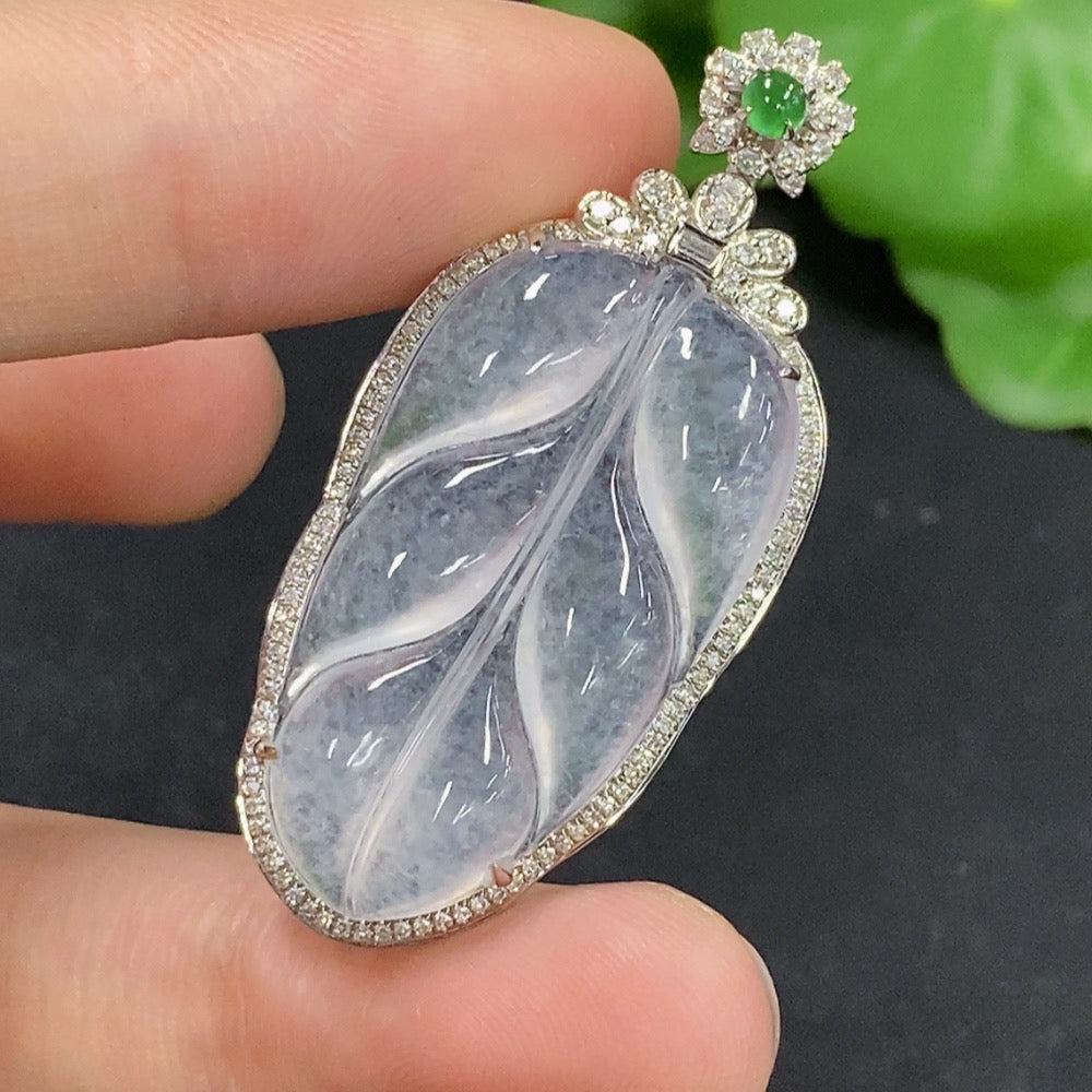Jadeite Leaf Inlaid Pendant 18k with Diamond Side Stones