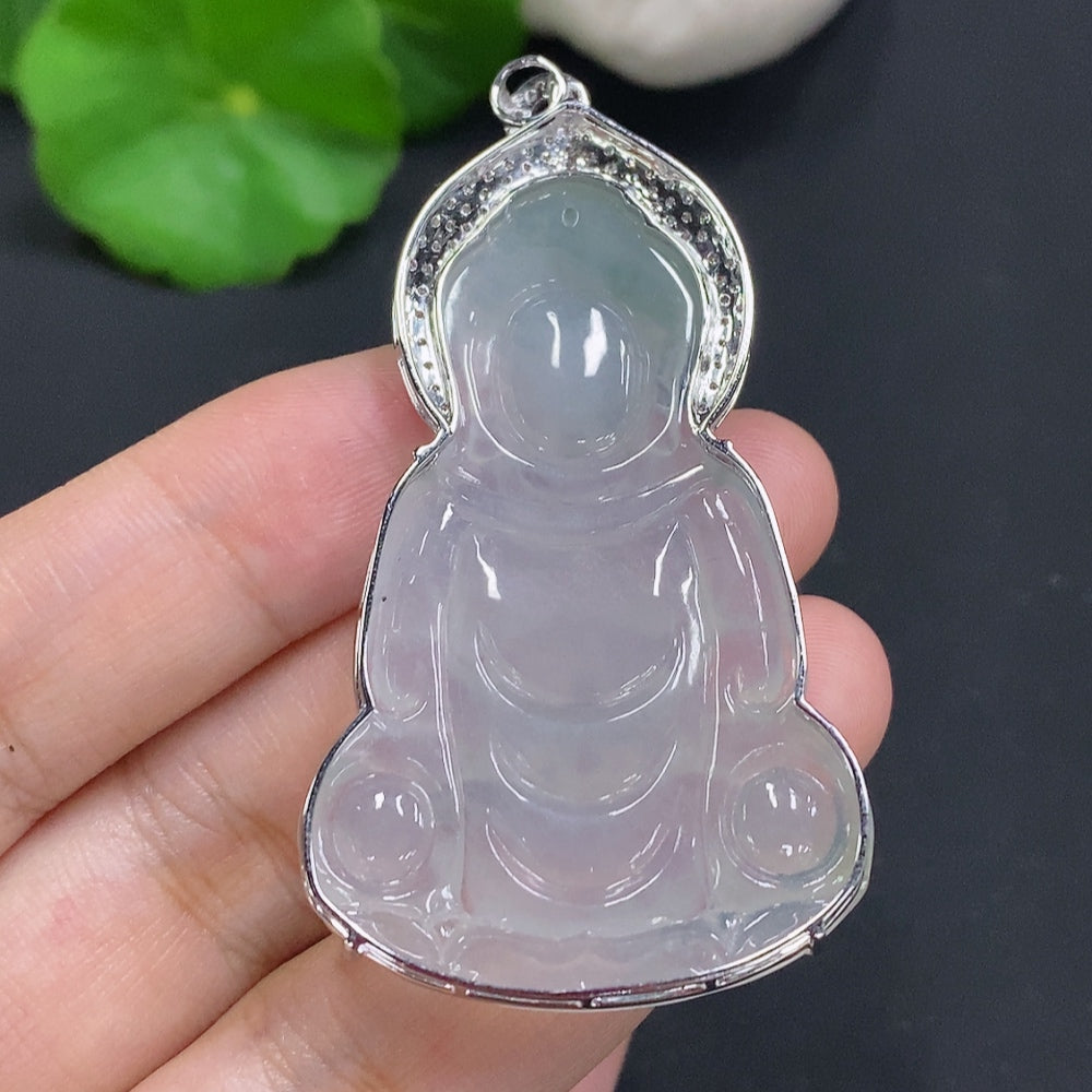 Jadeite Guanyin Inlaid Pendant 18K Gold Total Weight Approx.13.9g (Diamond Accents)