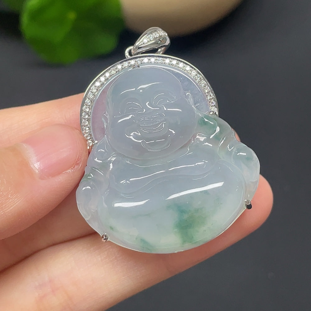 Jadeite Buddha Pendant Set in 18k Gold with Diamond Accents