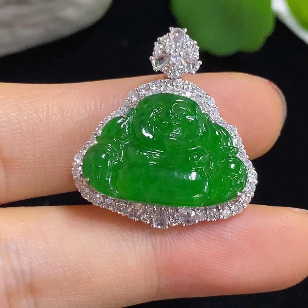 Jadeite Buddha Pendant with 18k Gold and Diamond Accents