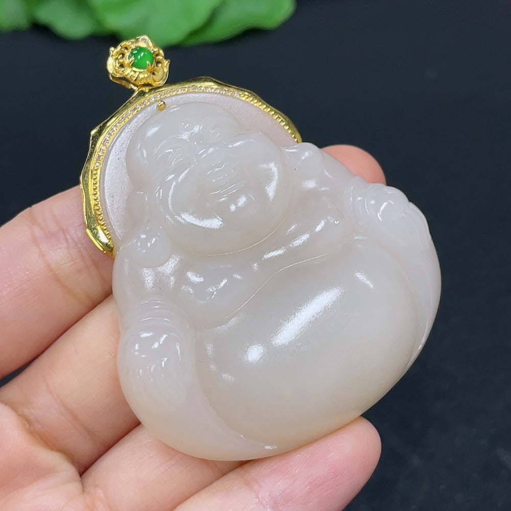 Hetian Jade Pendant, Buddha, 18K Gold Clasp, Total Weight Approx. 39.8g, Non-Hetian Jade Beads, Diamond Accents