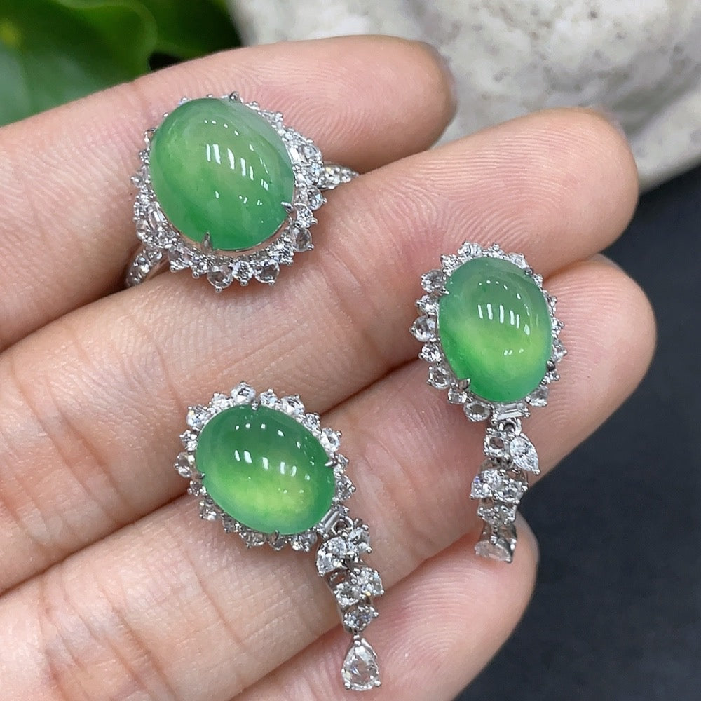 Jadeite Cabochon Earrings/Ring 18K Gold Setting Size 14 Total Weight Approx. 9.76g Wholesale Lot