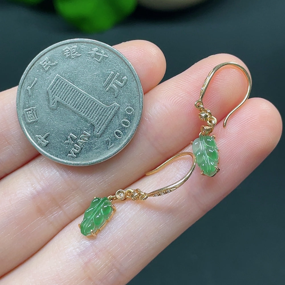 Jadeite Leaf Inlaid Earrings 18k