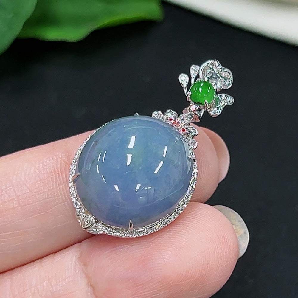 Jadeite cabochon pendant with 18k gold setting and four non-diamond accents, HKHQ jade jewelry, weighing approx. 5.45g