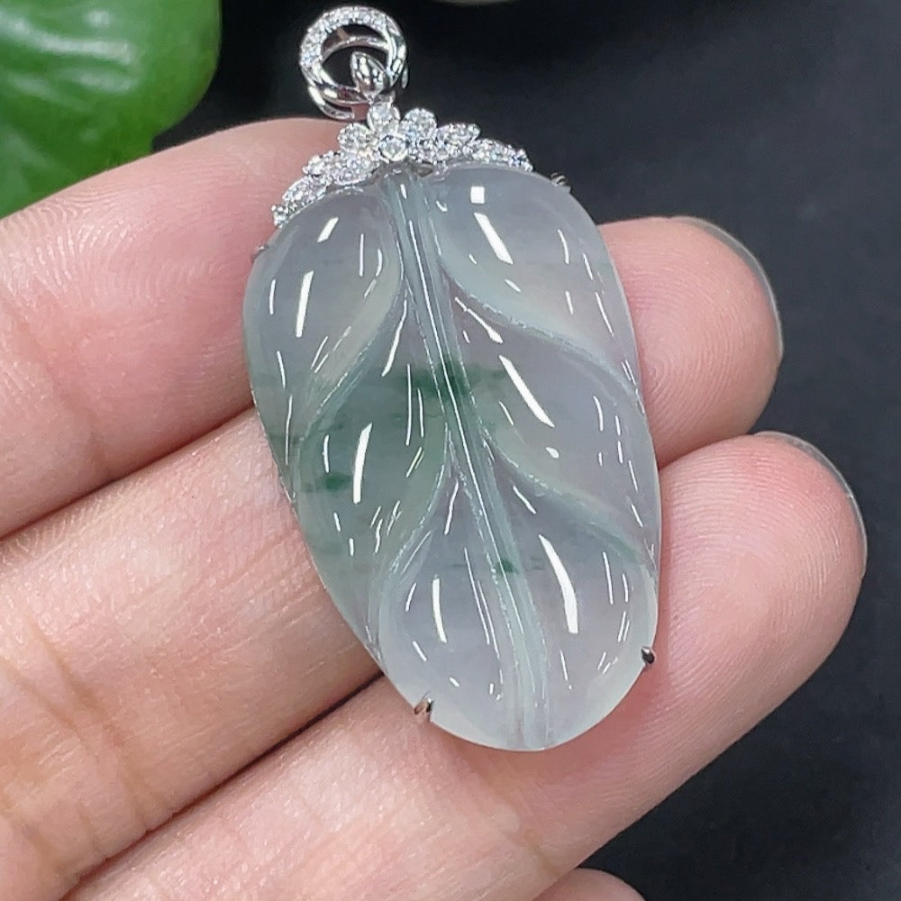 Jadeite Pendant Leaf with 18K Gold and Diamond Accents, Total Weight Approx. 4.45g