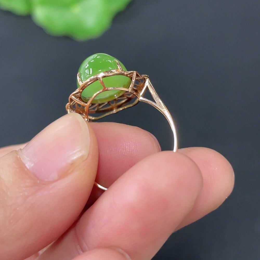 Hetian Jade Jasper Inlaid Ring, 73% Gold Content, Size 14, Total Weight Approx. 2.4g, Diamond Accents