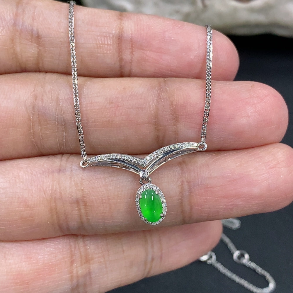 Jadeite Cabochon Pendant Necklace with 18K Gold and Diamond Accents