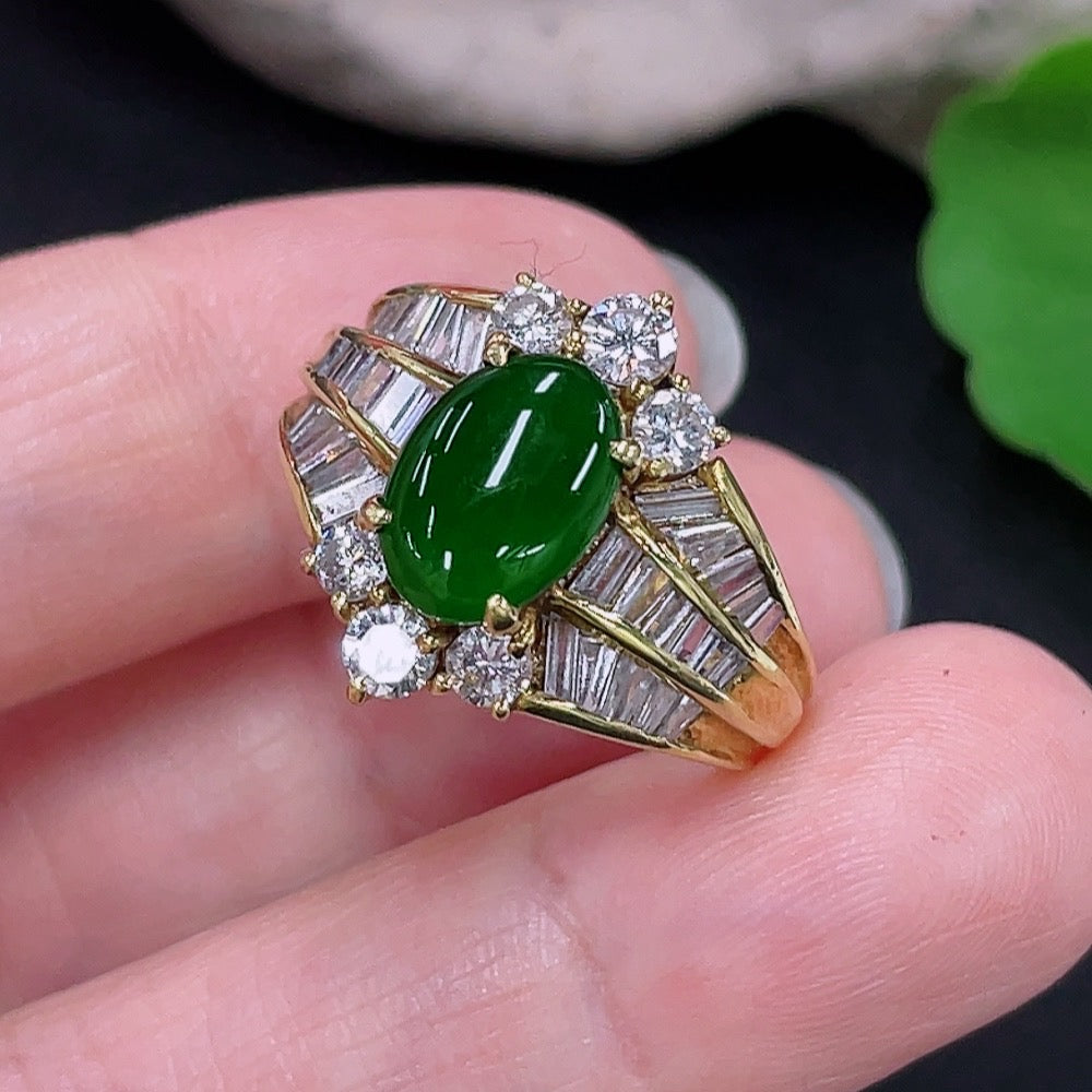 Jadeite inlaid ring Size 16 Au73% Total weight approx. 8.3g (with diamond accents)