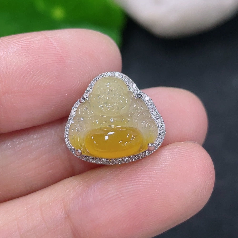 Jadeite Inlaid Buddha Pendant, 18K Gold with Diamond Accents, Color Origin Undetermined