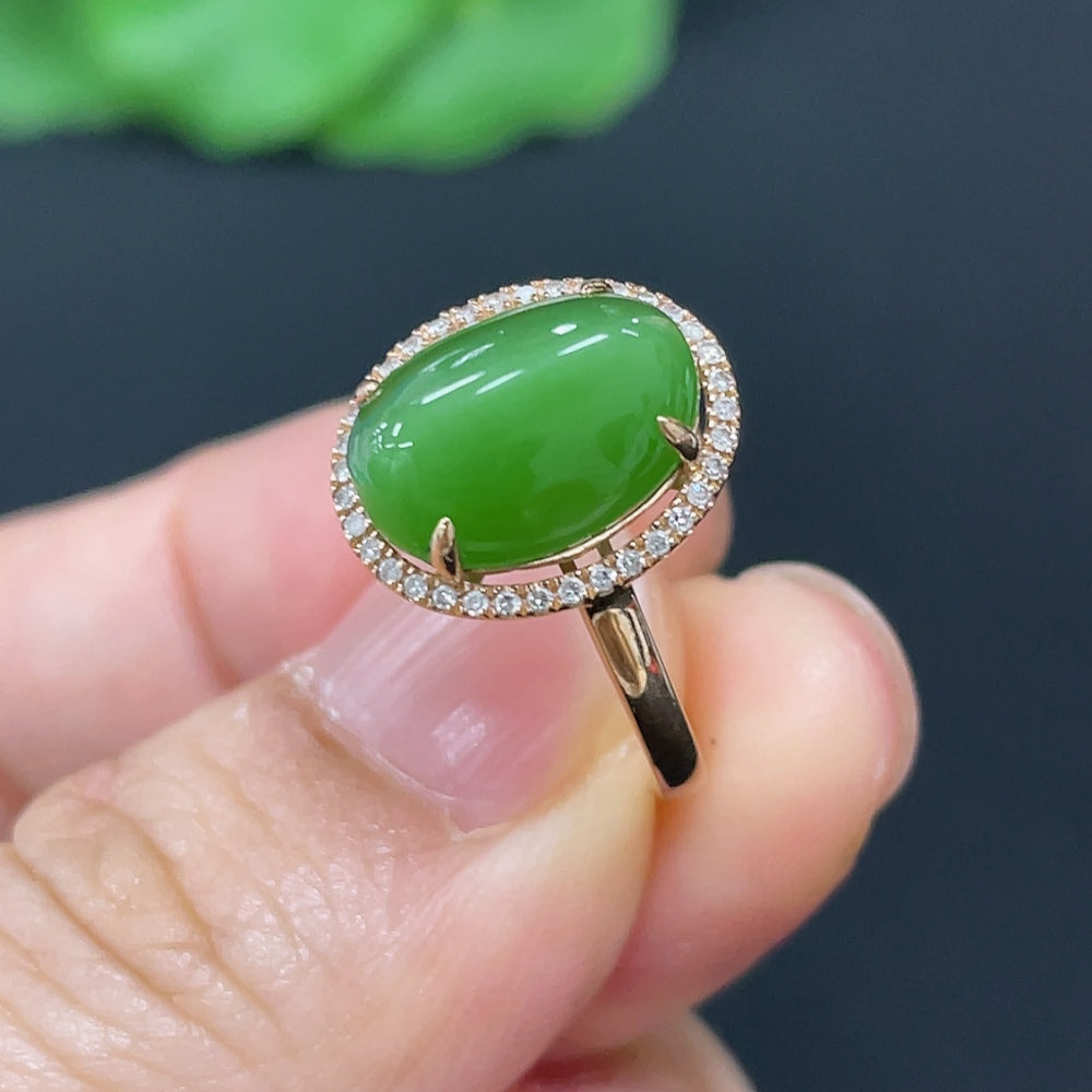Hetian Jade Jasper Cabochon Inlaid Ring with 18k Gold, Accented with Diamonds