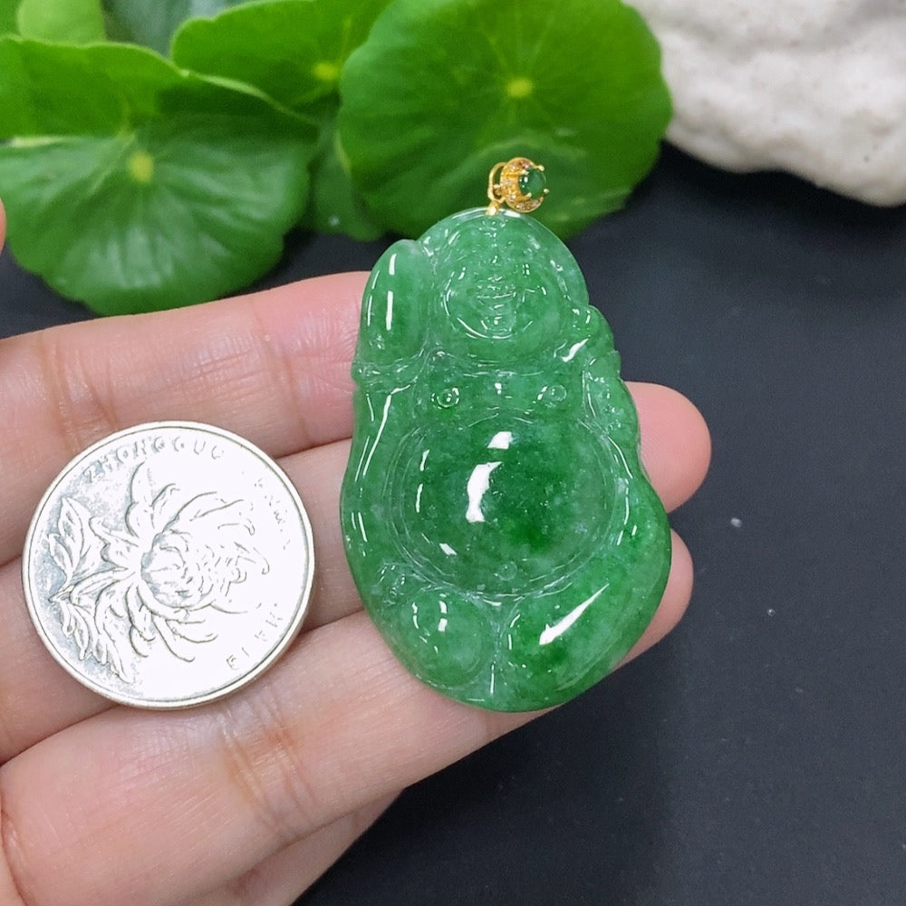 Jadeite Buddha pendant with 18K gold clasp, handcrafted jade jewelry from HKHQ, weighs approximately 12g, non-diamond design.