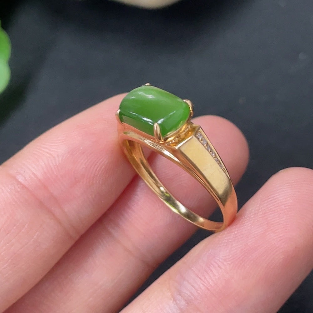 Hetian Jade Jasper ring with 18K gold band and diamond accents, size 15, weight 2.5g, featuring intricate gemstone design.
