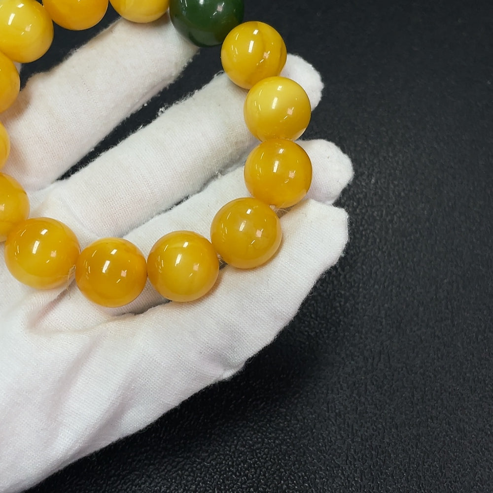 Amber Beeswax Bracelet with Hetian Jade, Partial Repair, Total Weight Approx. 34.16g, Size About 15mm
