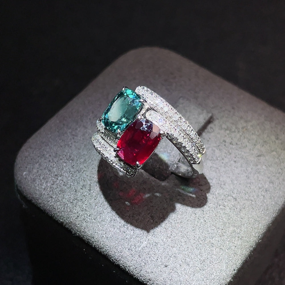 18K Tourmaline Ring + 18K Ruby Ring with Diamond Accents, Total Weight Approx. 4.81g, Size 13, Sell as a Lot, GILDER Certificate: Pigeon Blood, Tanzania (Longido Mine), No Heat, Vivid to Deep Red, 1.14ct