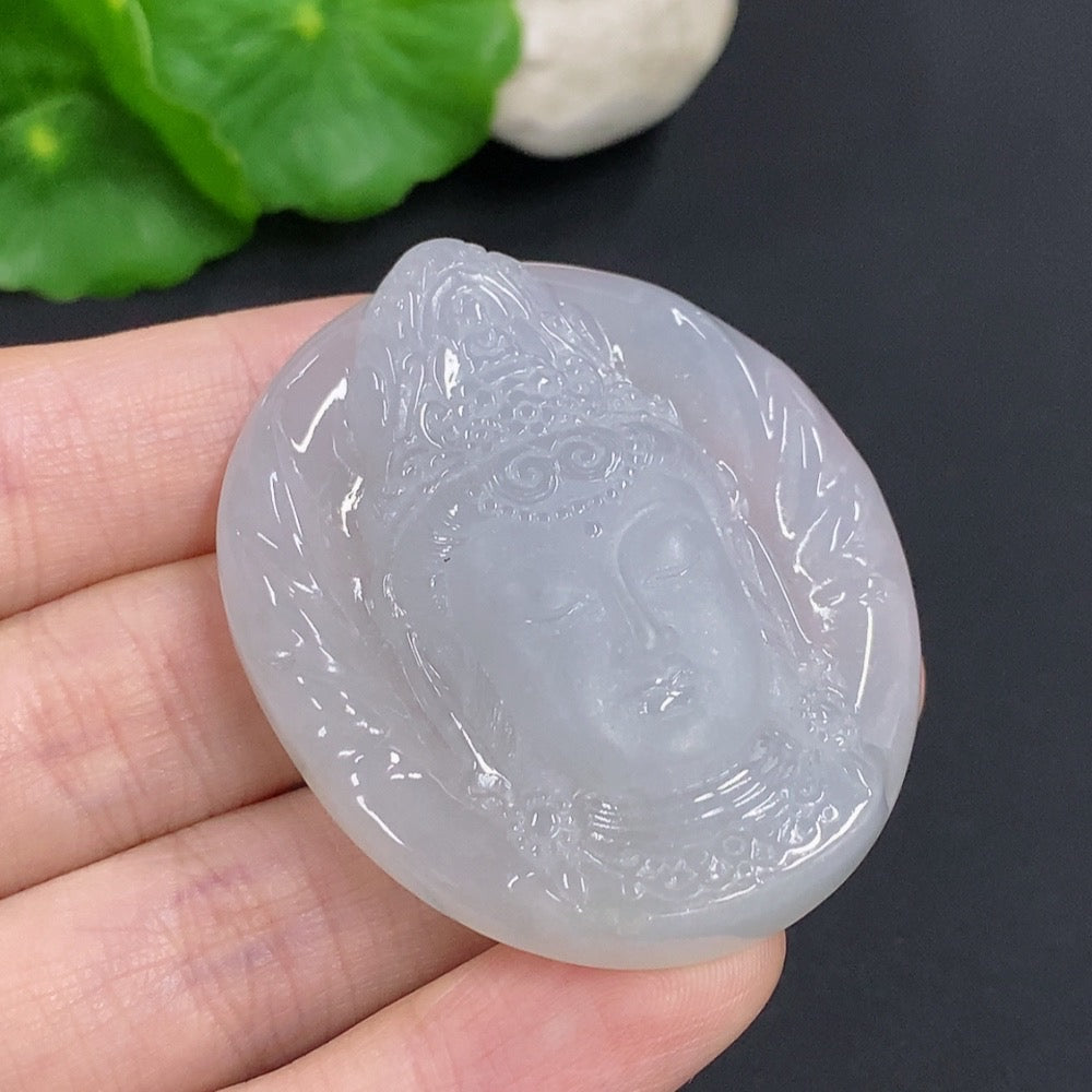 Jadeite Guanyin pendant necklace from HKHQ featuring a detailed carved figure on a string necklace, weighing approximately 38g.