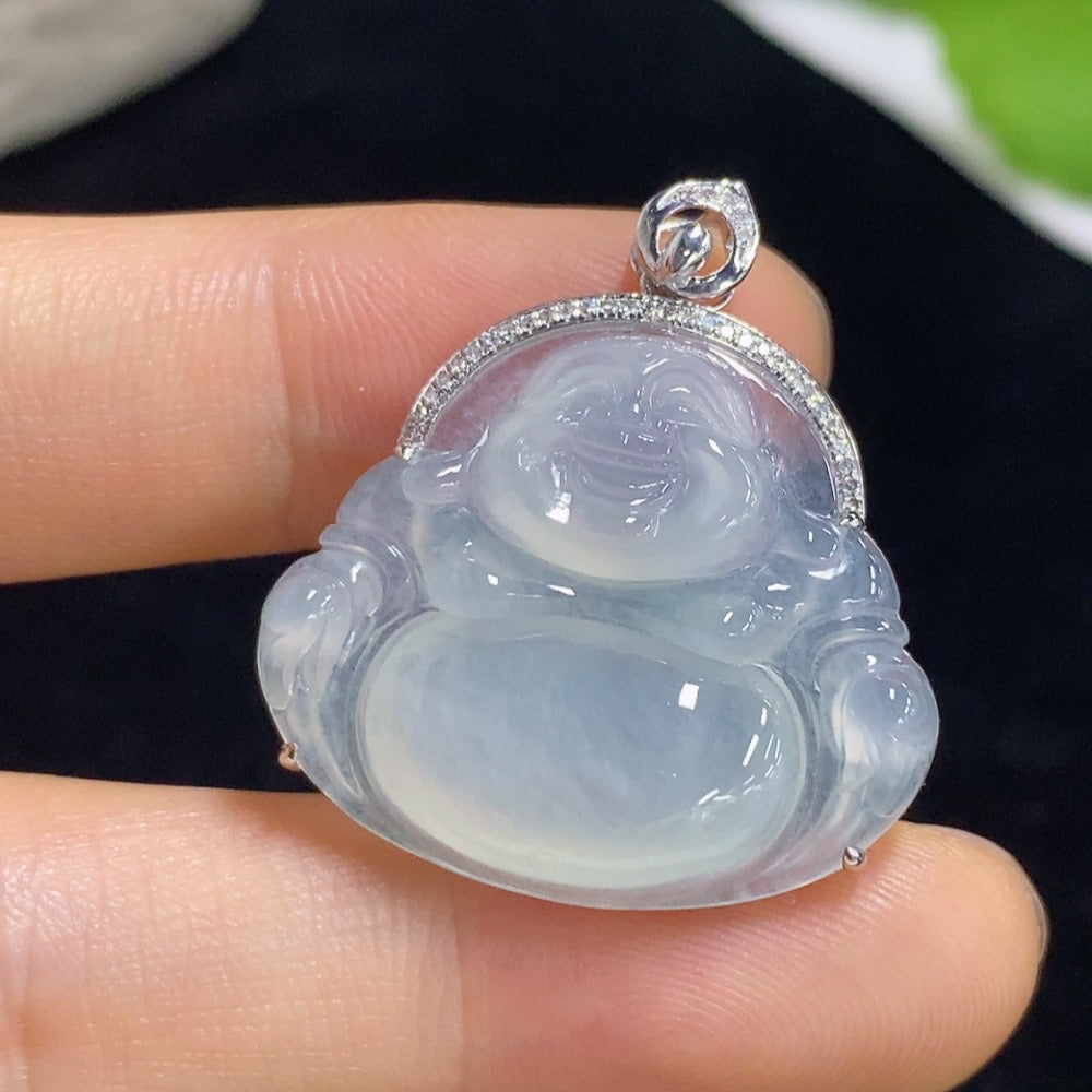 Jadeite Pendant Buddha with 18K Gold and Diamond Accents, Total Weight Approximately 5.4g