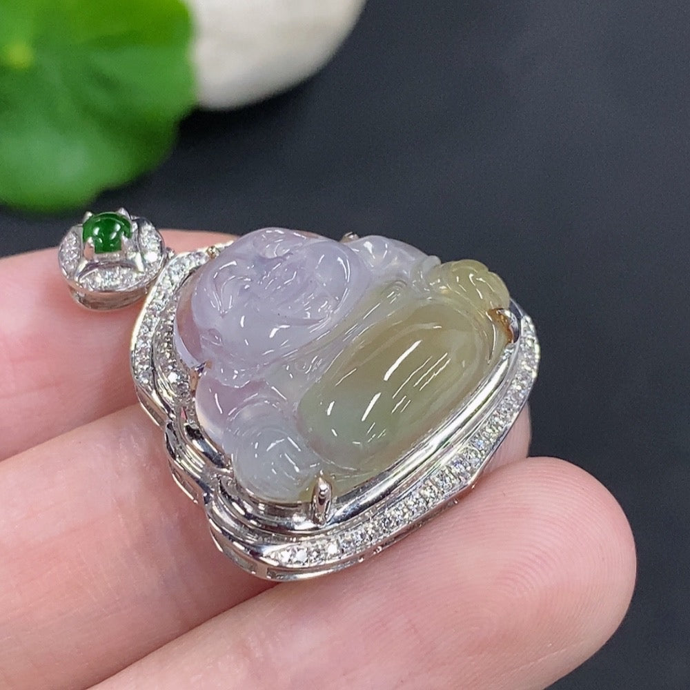Jadeite Buddha Pendant with 18k Gold and Diamond Accents, Total Weight Approximately 5.2g
