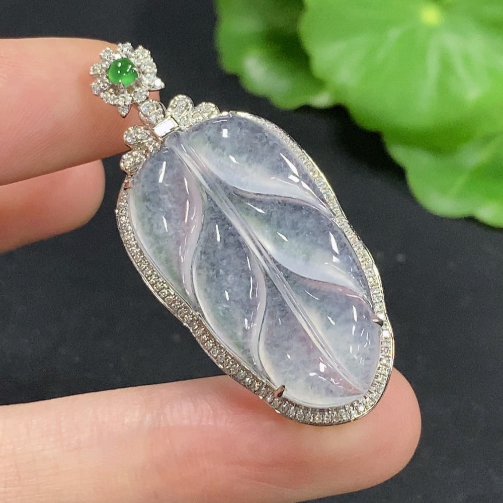 Jadeite Leaf Inlaid Pendant 18k with Diamond Side Stones