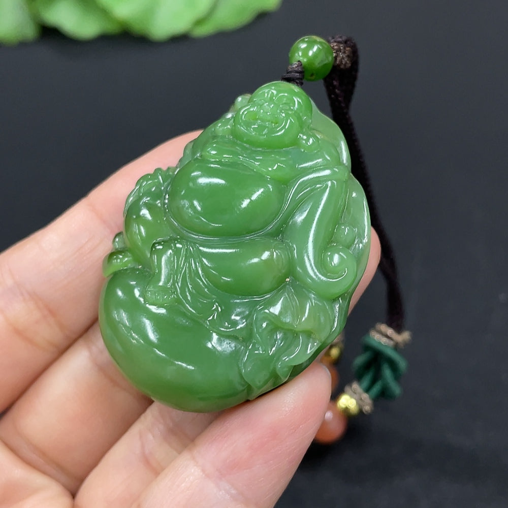 Hetian Jade Jasper pendant necklace featuring a Buddha charm with a total weight of 37.4g, HKHQ brand, on a beaded rope.