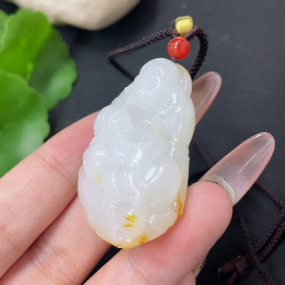 Hetian Jade Pendant - Buddha Statue, Undetermined Skin Color Origin, Contains Other Mineral Components, Beads Not Hetian Jade, Total Weight Approximately (Including Cord) 28.8g