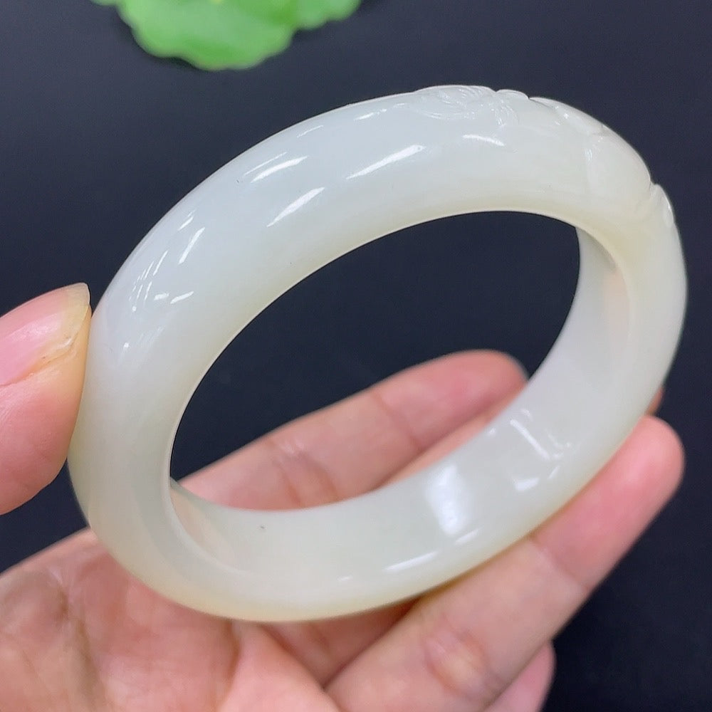 Hetian Jade Carved Floral Bracelet Size 53.7 Total Weight Approx. 62.6g Including Other Mineral Components