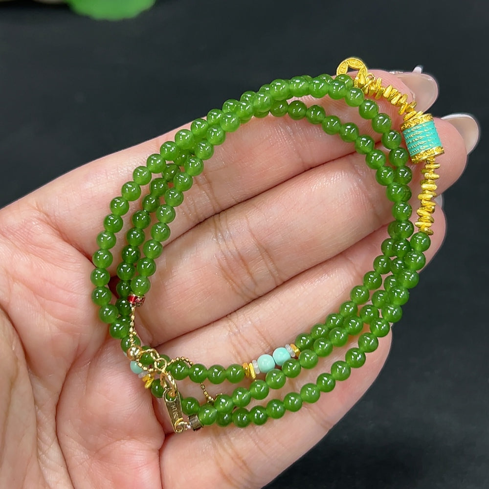 Hetian Jade Jasper Bead Necklace, approx. 3.5mm, total weight approx. 11.4g, marked red non-gold, uncertain color parts, undetectable string, rest 18k, non-Hetian Jade accessory beads