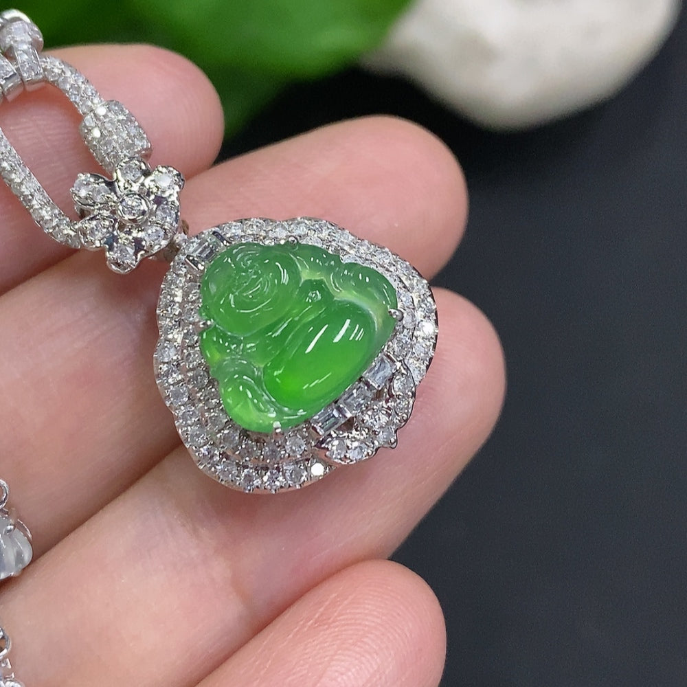 Jadeite Buddha Pendant with 18K Gold Mount Total Weight Approx. 12.3g Including Chain Accented with Diamonds