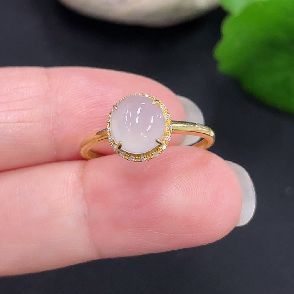 Jadeite Cabochon Ring with 18K Gold Size 14 Total Weight Approx. 1.2g (Accented with Diamonds)