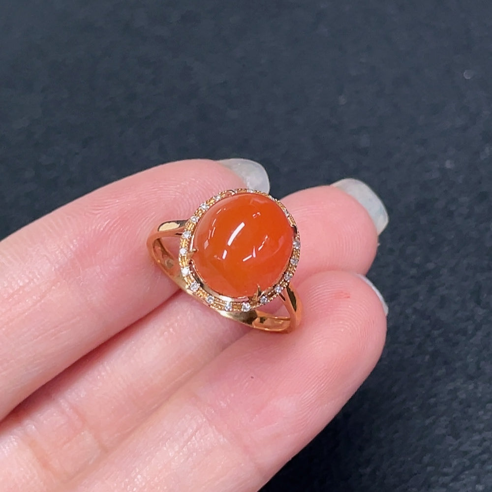 South Red Agate Ring with Diamond Accents, 18K Gold