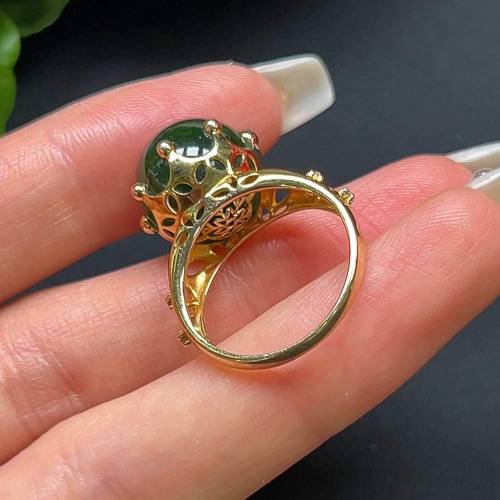 Hetian Jade Round Bead Ring with 18K Gold and Diamond Accents