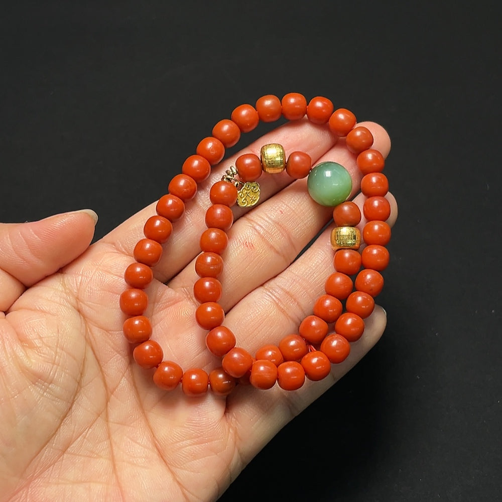 Southern Red Agate and Hetian Jade Bead Strand with 18K Gold