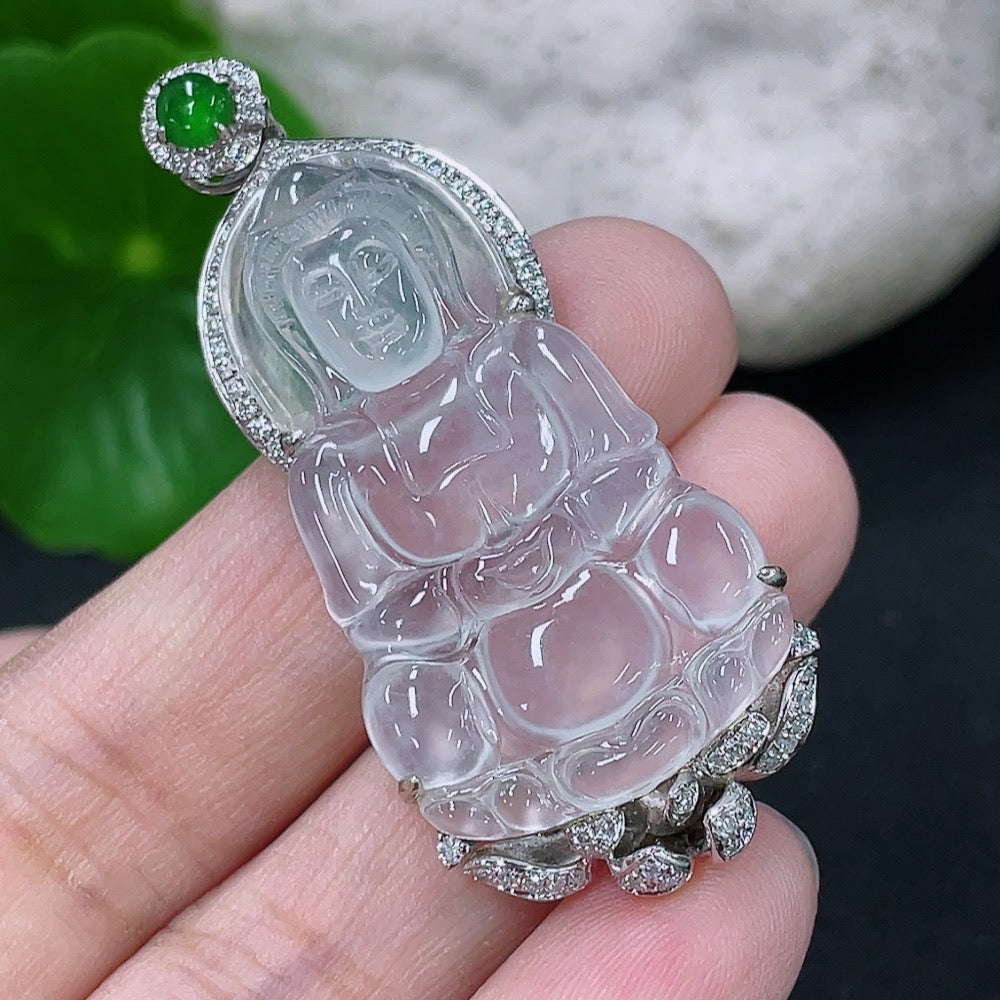 Jadeite Guanyin Inlaid Pendant, 18K Gold Setting with Diamond Accents