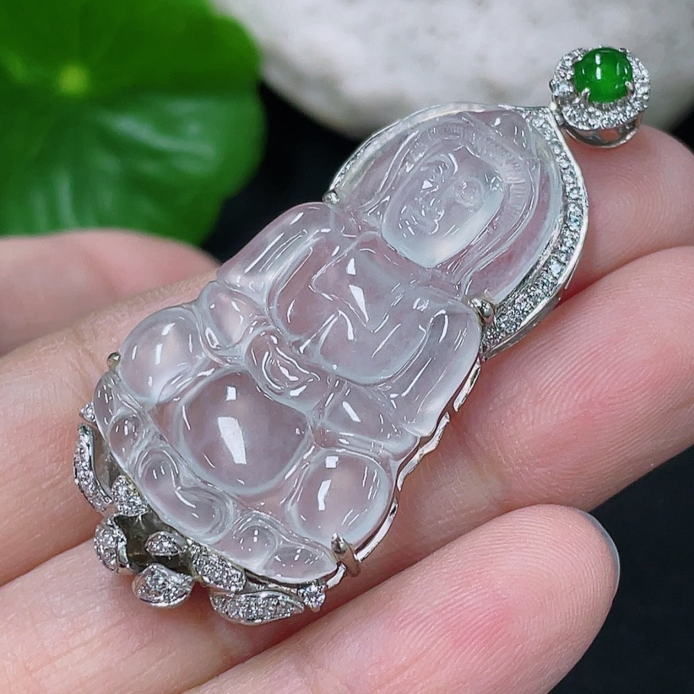 Jadeite Guanyin Inlaid Pendant, 18K Gold Setting with Diamond Accents