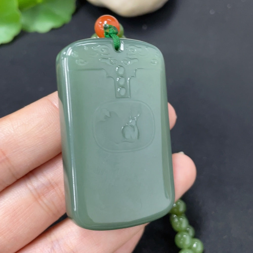 Hetian Jade Jasper Pendant Antique Plaque with Non-Hetian Jade Beads (Including Chain)