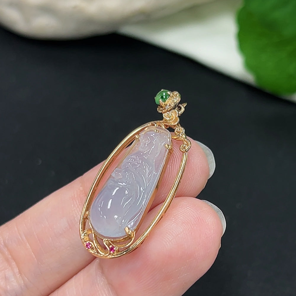 Jadeite pendant with 18K gold setting accented with diamonds, displayed on a necklace chain. HKHQ jewelry piece.