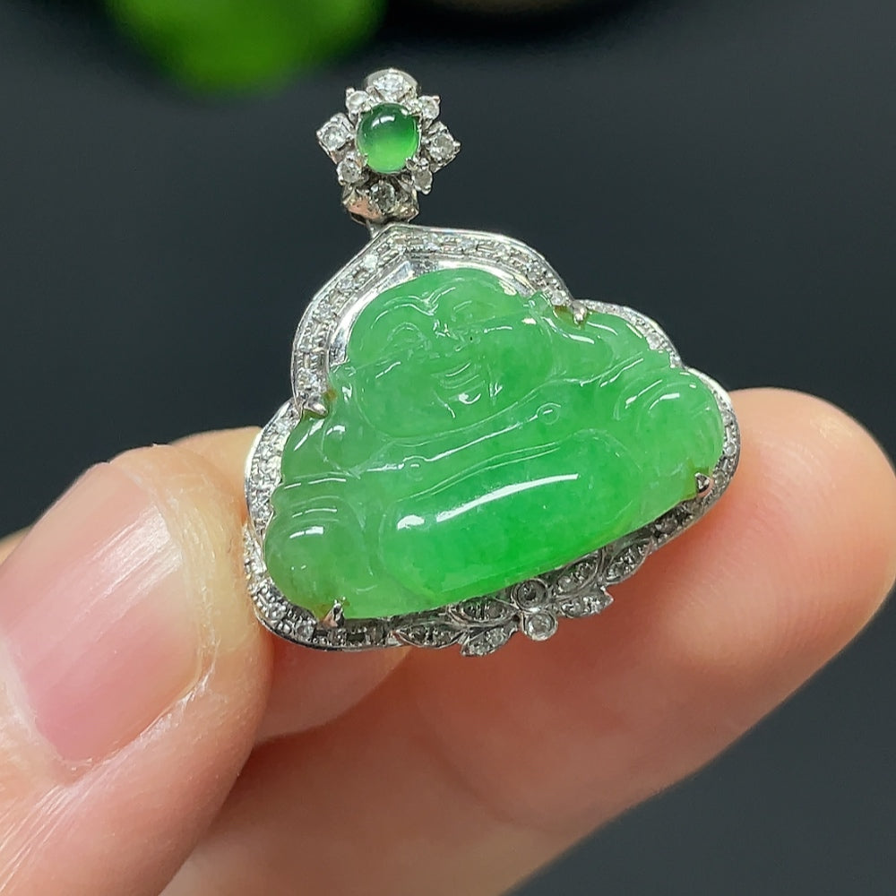 Jadeite Buddha pendant necklace with 18K gold and diamond accents, featuring a detailed Buddha figure in a jewelry display.