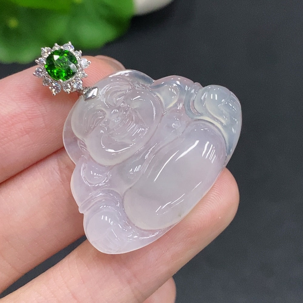Jadeite Buddha Pendant with 18K Gold Clasp, Total Weight Approx. 8.2g, Accented with Diamonds
