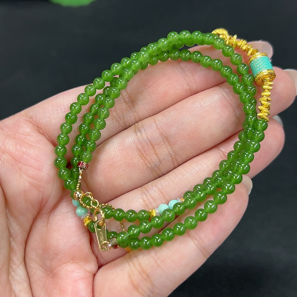 Hetian Jade Jasper Bead Necklace, approx. 3.5mm, total weight approx. 11.4g, marked red non-gold, uncertain color parts, undetectable string, rest 18k, non-Hetian Jade accessory beads