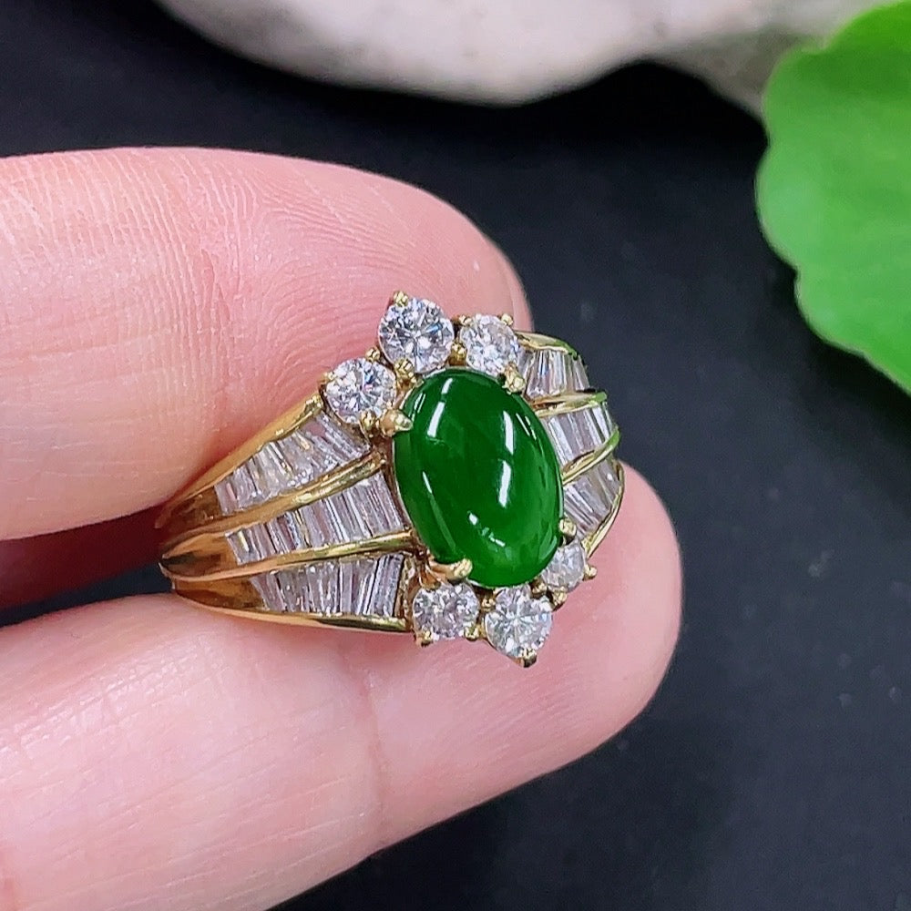Jadeite inlaid ring Size 16 Au73% Total weight approx. 8.3g (with diamond accents)