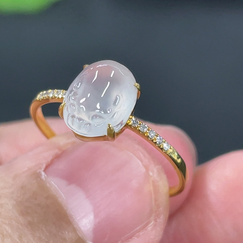 Jadeite Three-Legged Golden Toad Inlaid Ring 18k Gold Setting Size 14 Total Weight Approx. 1.25g with Diamond Accents